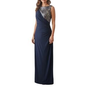 R&M Richards Navy Lace Bodice Draped Evening Gown | Women’s Size 10